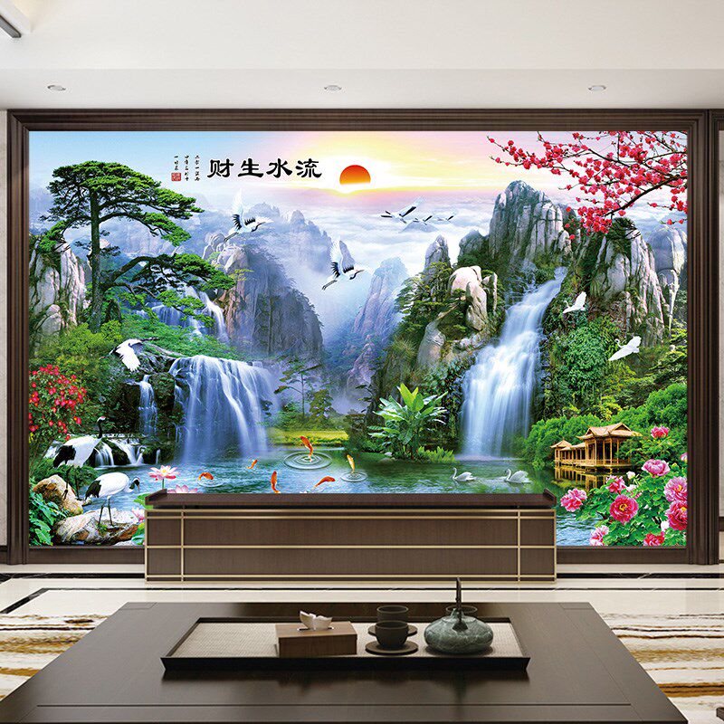 热销流水生财自粘山水风景客厅墙贴画电视背景墙贴纸年画墙面装饰