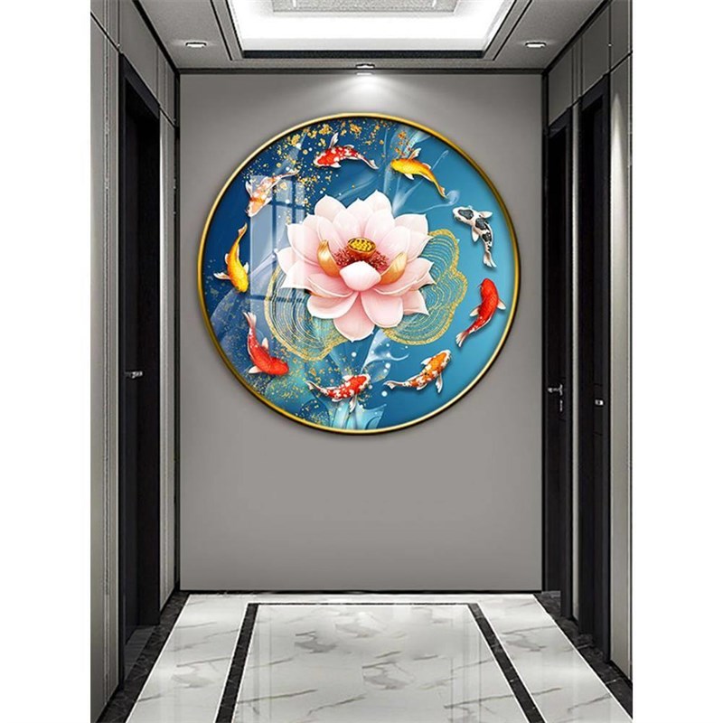 新中式圆形装饰画荷花鱼图客厅沙发背景墙聚财R壁画走廊玄关挂画图片