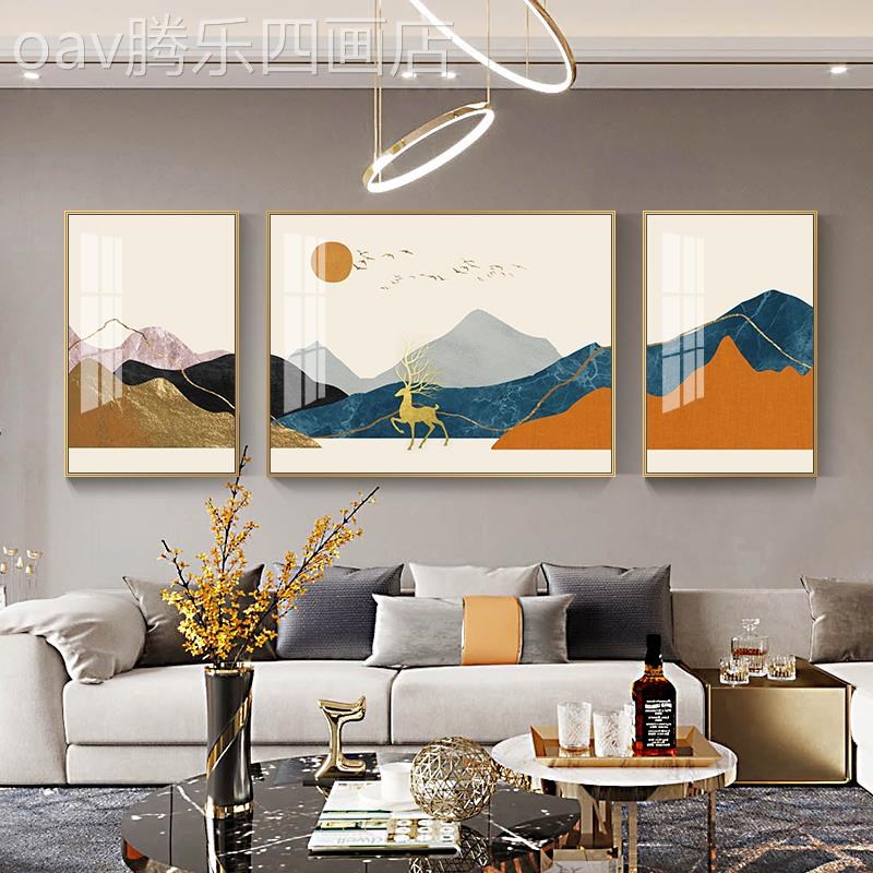 网红金日照山厅装k饰画现象代客沙发背约墙挂画新中式景抽山水三