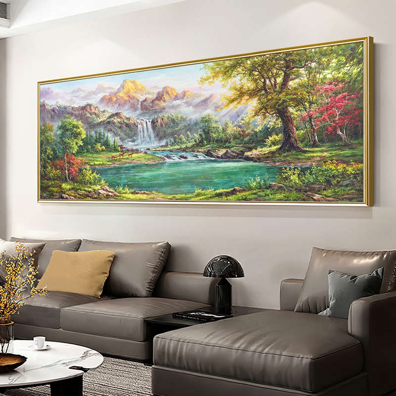 聚宝盆山水风景手绘n油画福鹿金山办公室挂画客厅沙发背景墙装饰图片