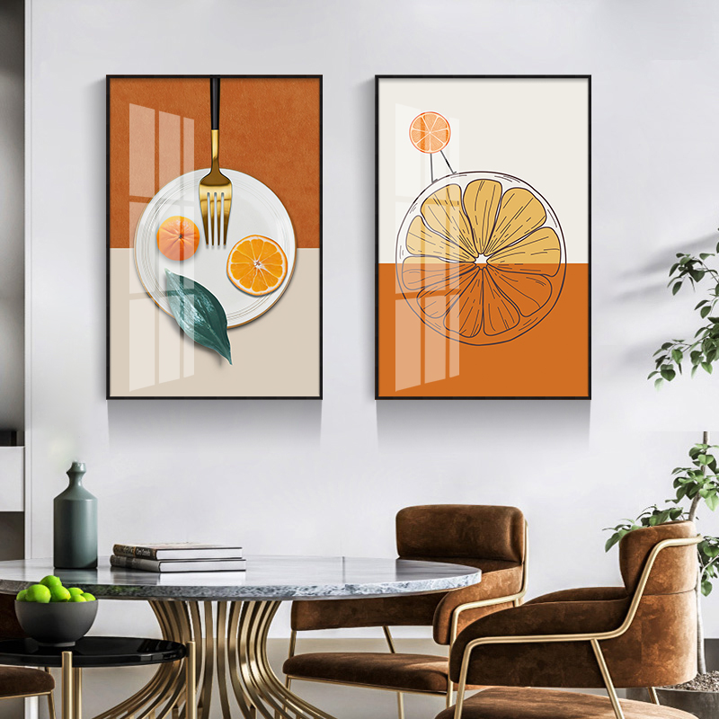 北欧简约轻奢风装饰m画餐厅厨房橘色橙色时尚挂画水果酒杯酒店壁图片