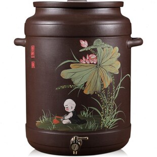 紫砂水缸20L储水罐陶瓷过滤茶水桶带I龙头净水缸抽水桶手工大号
