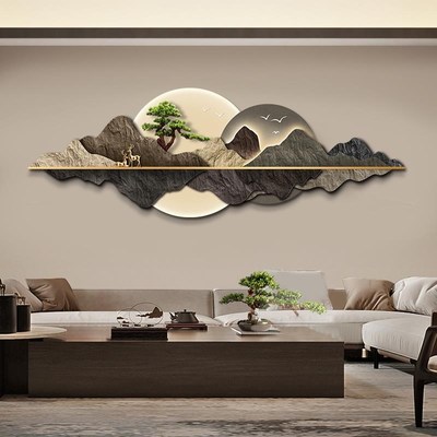 轻奢新中式客厅装饰画福禄山水画高级感ledN氛围灯画沙发背景墙画