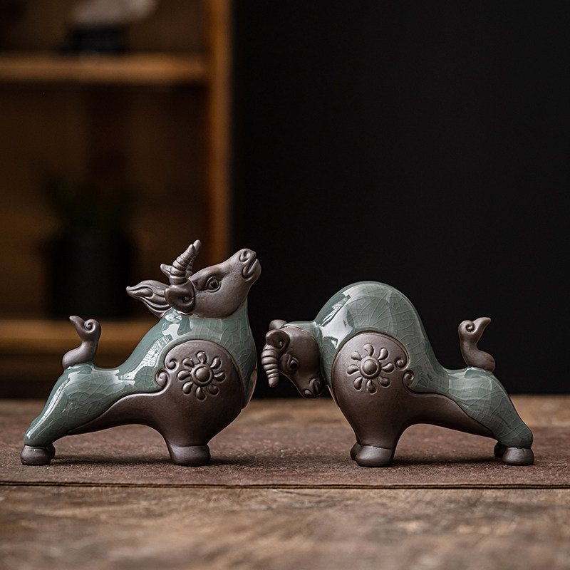陶瓷牛招财饰品一对，飞天，客厅，门厅，桌面，古架饰品，生肖牛,家居饰品,装饰摆件,淘宝优惠券,粉丝福利购,淘宝优惠卷