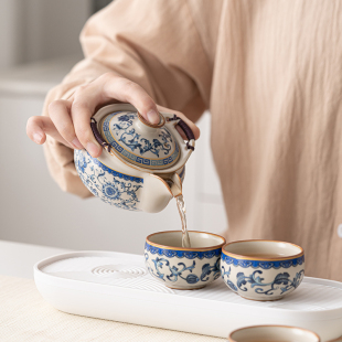 便携式 敦铭堂青花汝窑旅行茶具套装 一壶两杯快客杯户外一人泡茶杯