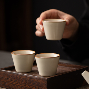 米黄汝窑开片直口小杯功夫茶杯陶瓷小单杯主人杯品茗杯喝茶小杯子