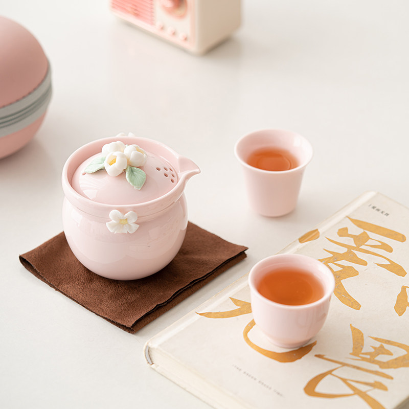 旅行泡茶茶具女士精致功夫茶具套组快客杯办公室陶瓷茶杯粉色茶壶