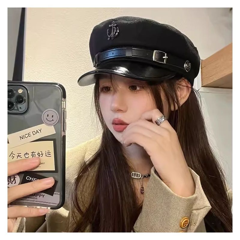 韩国复古时髦船锚海PU皮八角帽女