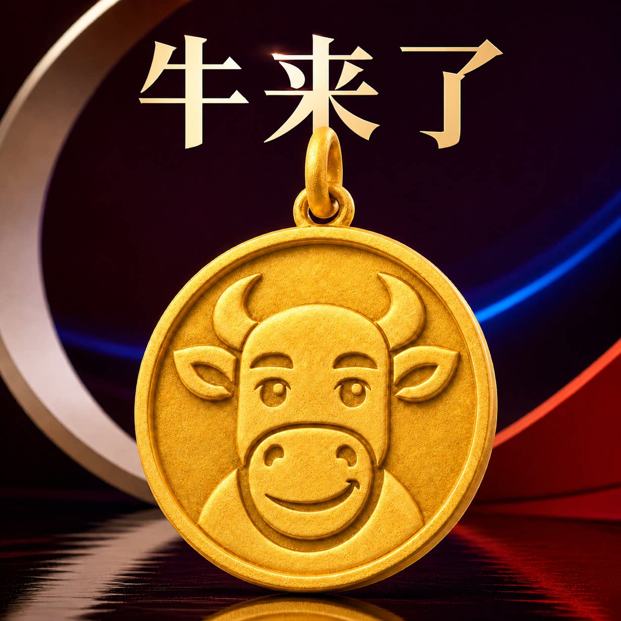 牛来了999足金圆牌吊坠男女款生肖牛卡通黄金挂坠给宝宝礼物