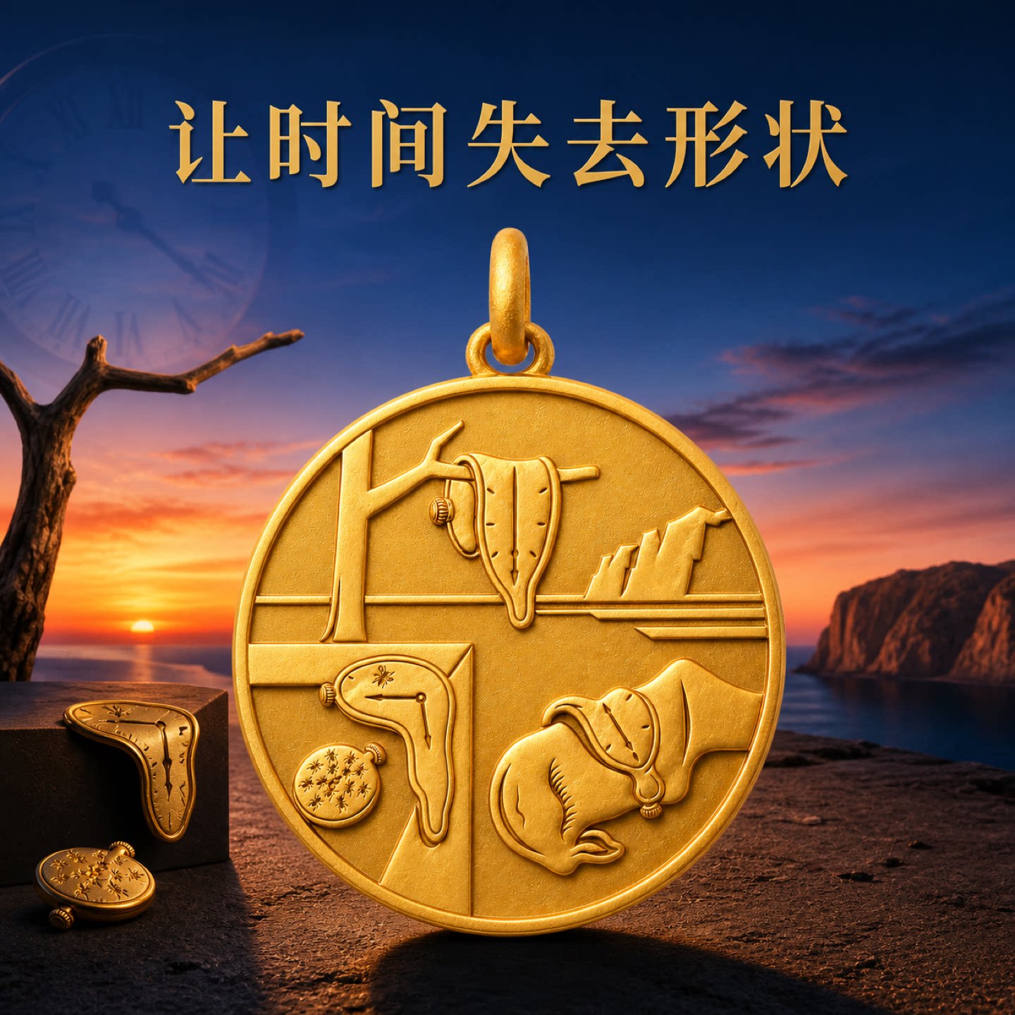 达利名画融化的钟24K黄金圆牌吊坠男女款超现实主义艺术项链挂坠