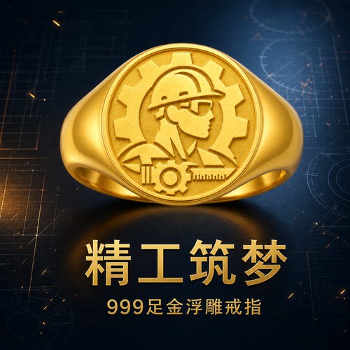 精密创造工程师齿轮足金印章戒指