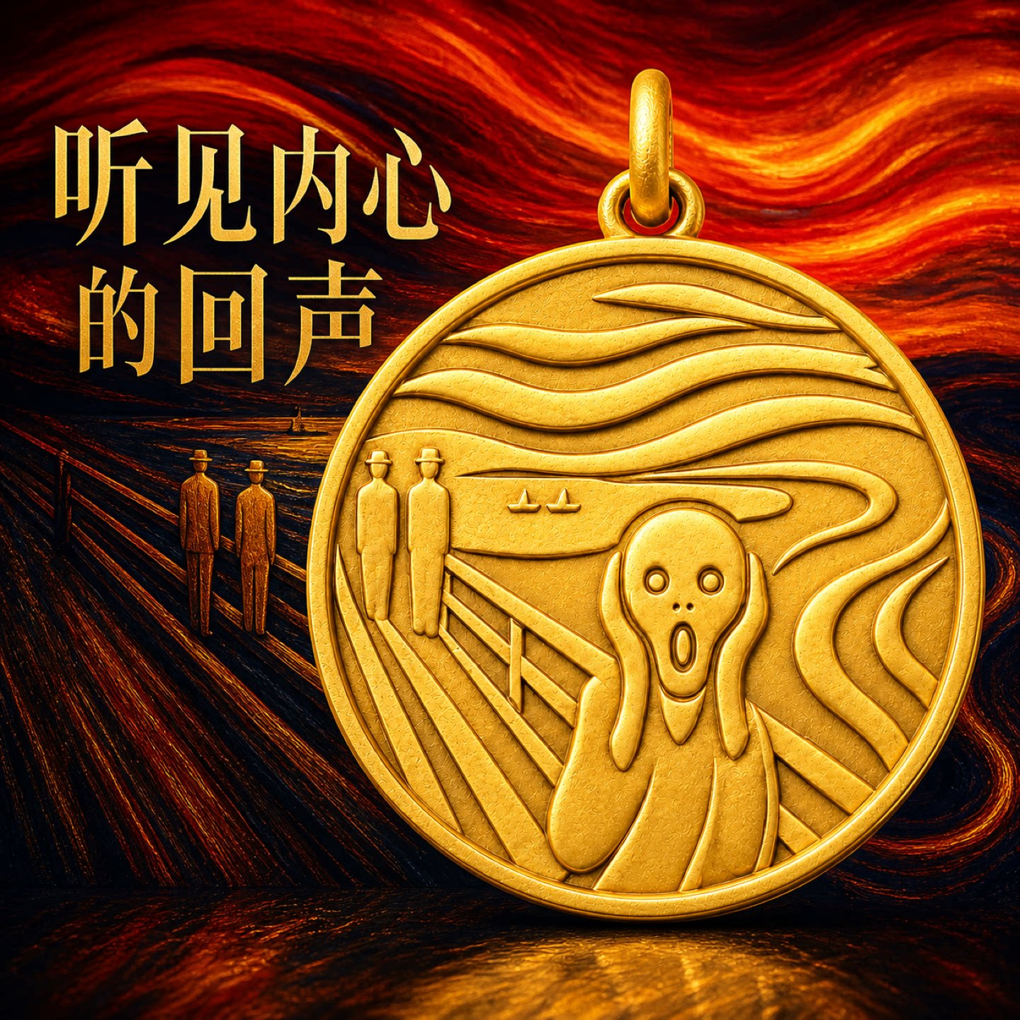 蒙克的呐喊表现主义艺术名画24K黄金项链浮雕圆牌吊坠男女款