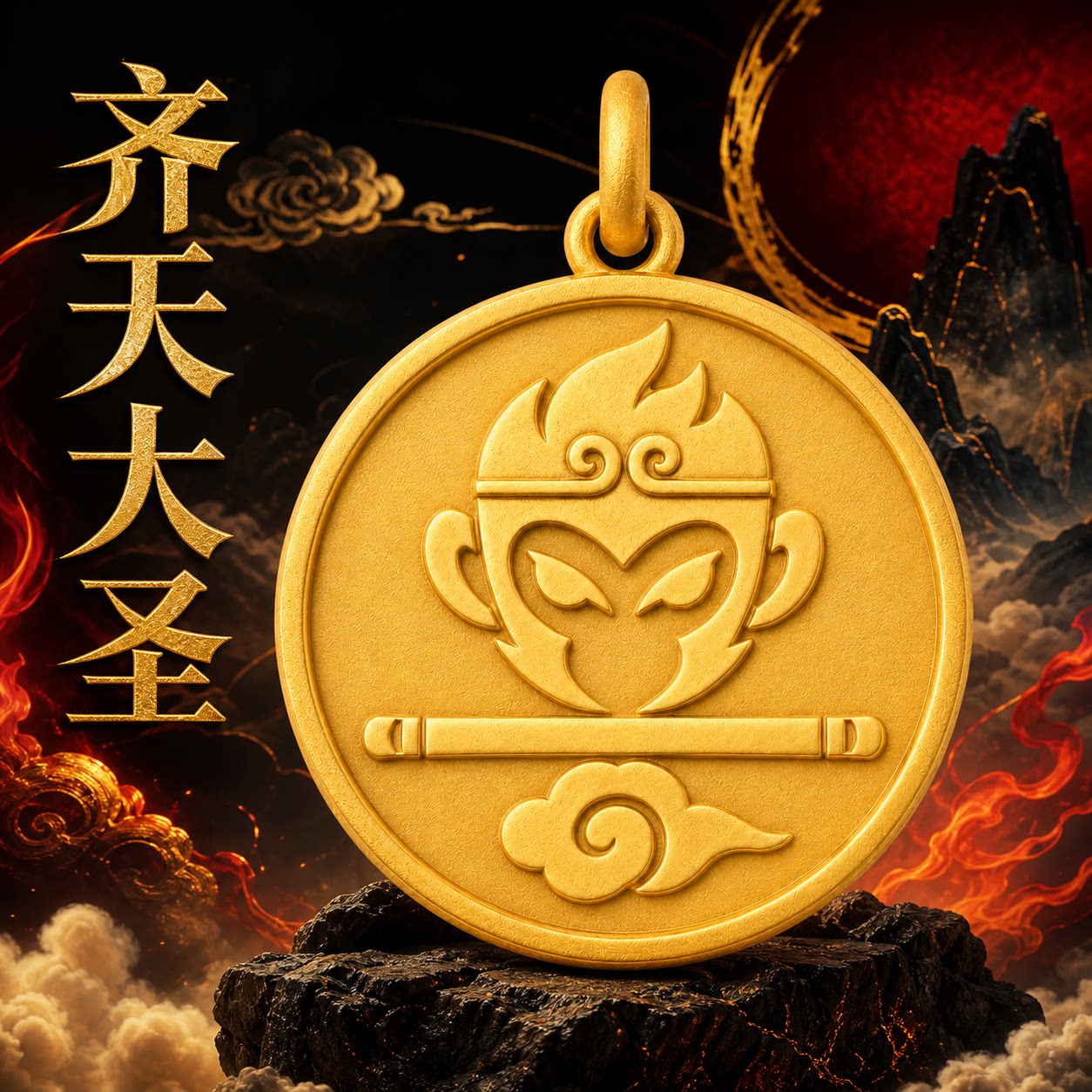 999足金黄金齐天大圣孙悟空圆牌吊坠男女款国潮浮雕项链生肖猴