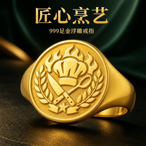 厨师徽章999足金男士戒指礼物