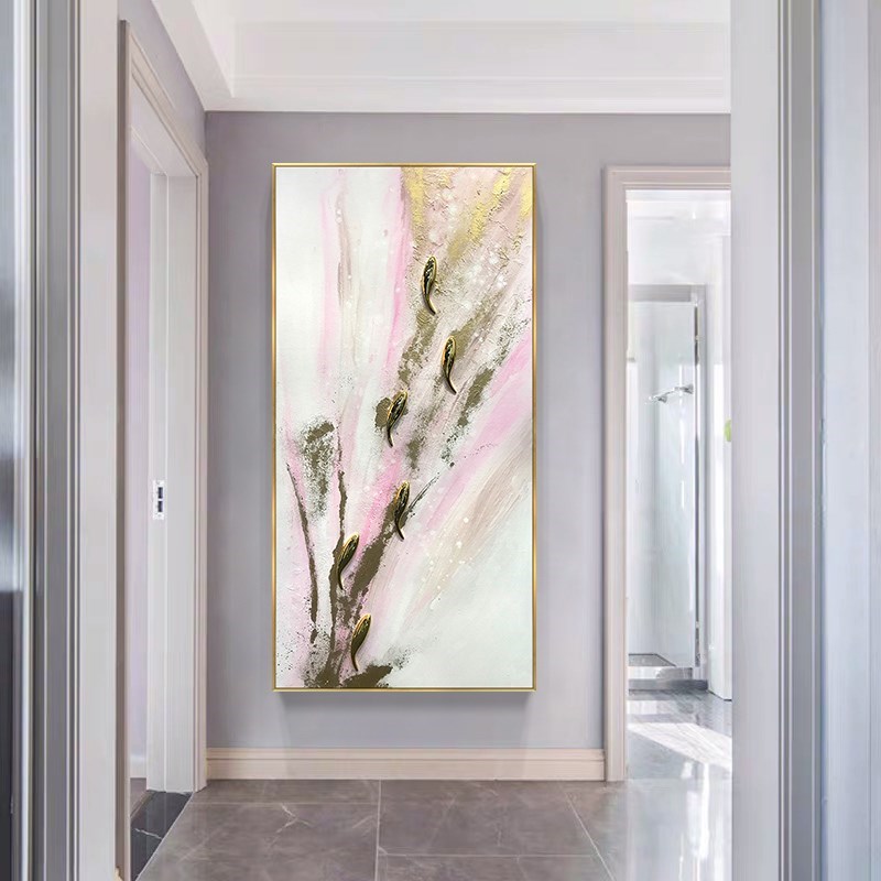 爆款现代轻奢装饰画手绘油画入户玄关九鱼图O壁画竖版走廊过道立图片