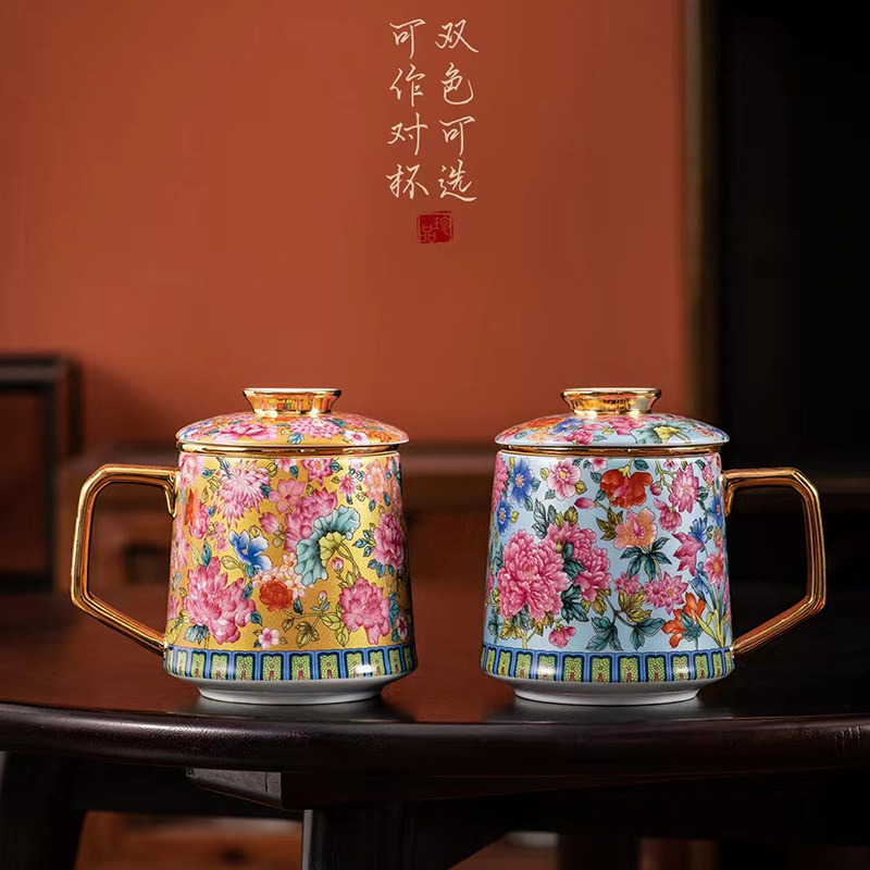 鎏金高档珐琅彩茶水m分离水杯x陶瓷杯子女专用茶杯四方茶叶罐马克