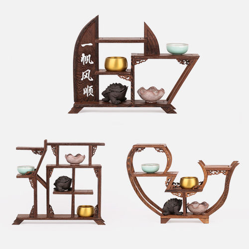 鸡翅木底座紫砂壶茶具架展示架子 仿古I小博古架摆件实木质多宝阁