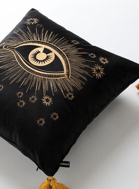 百澜家居CS01k6黑色丝绒眼睛刺绣抱枕客厅沙发靠垫套方枕床头靠枕