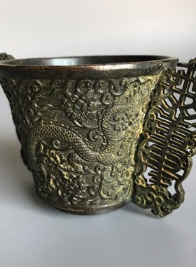 古玩铜器收藏仿古做旧龙图腾油C灯杯小酒杯家居摆件影视道具