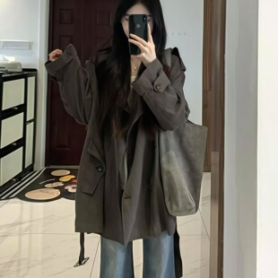 韩系灰色中长款风衣女2026春秋新款小个子宽松休闲时尚百搭外套