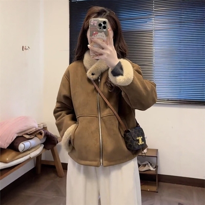 麂皮绒羊羔毛外套女短款