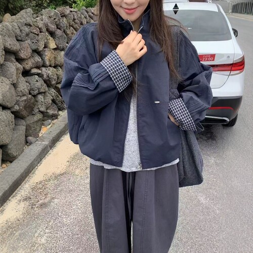 格子袖口撞色立领外套女
