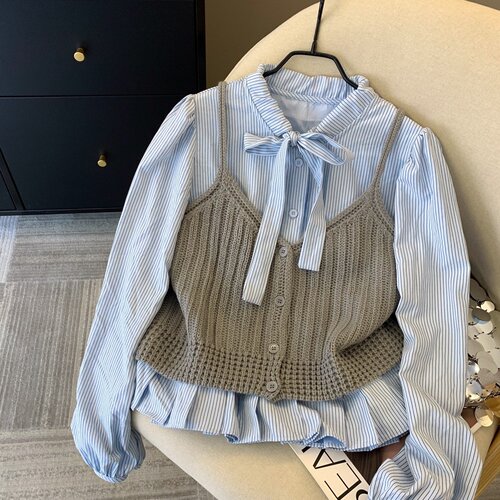 韩系条纹衬衫针织马甲两件套女