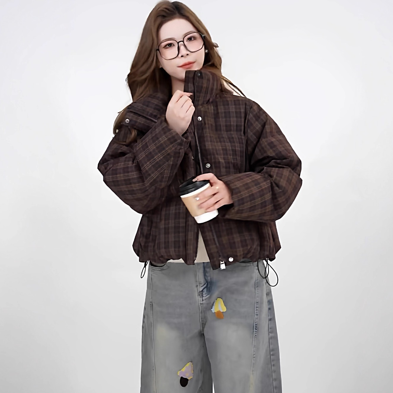 2025新款冬季韩版格纹羽绒棉服