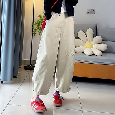 白色卷边阔腿休闲裤女春秋季