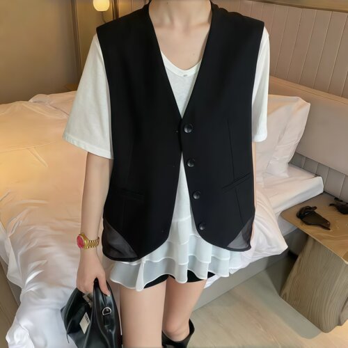 西装V领无袖女马甲黑色纽扣减龄