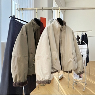 2025冬季新款高级感立领短款工装外套女毛毛内胆仿皮草派克服夹克