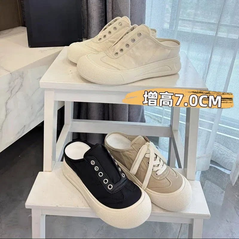 7cm厚底包头半拖帆布鞋女