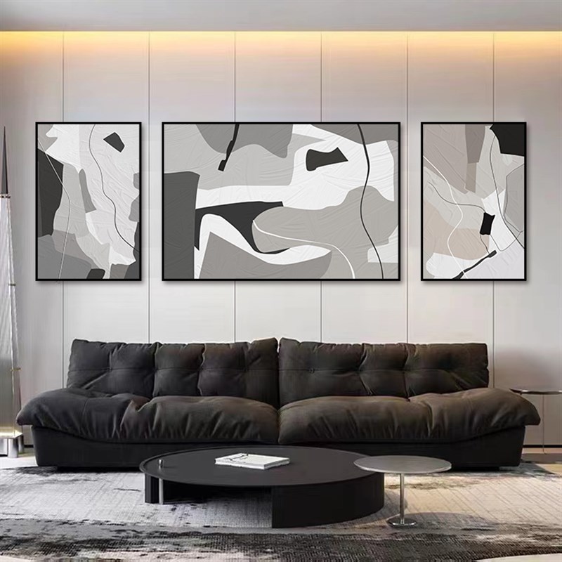黑白灰客厅装饰画抽m象高级感壁画沙发背景墙挂画现代简约三联画图片