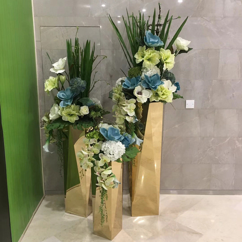 不锈钢花盆 装饰花n器 真空电镀工艺金H属花瓶 落地八角花瓶香槟