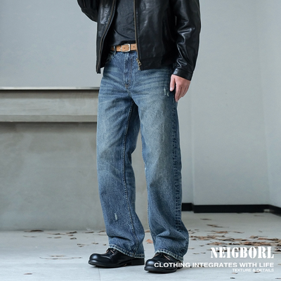 美式潮流水洗百搭休闲直筒牛仔裤
