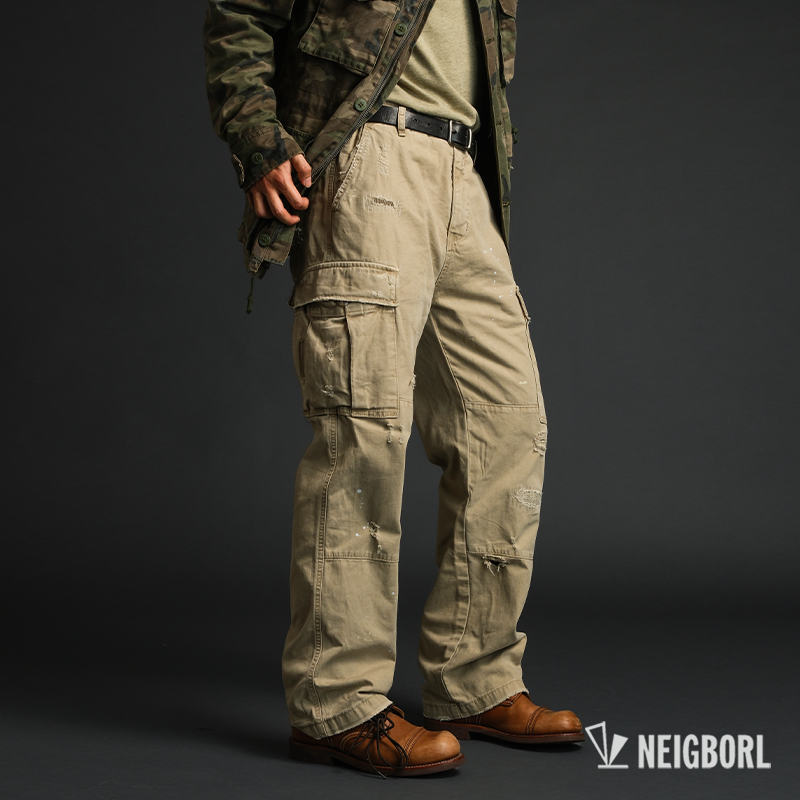 美式复古刮破贴布水洗直筒工装裤