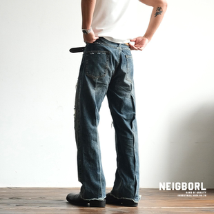 【司令部】NEIGBORL钊叔制美式潮流做旧复古破坏洗水直筒牛仔裤