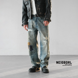 【武松打虎】NEIGBORL钊叔制美式潮流复古做旧泼墨拼布百搭牛仔裤