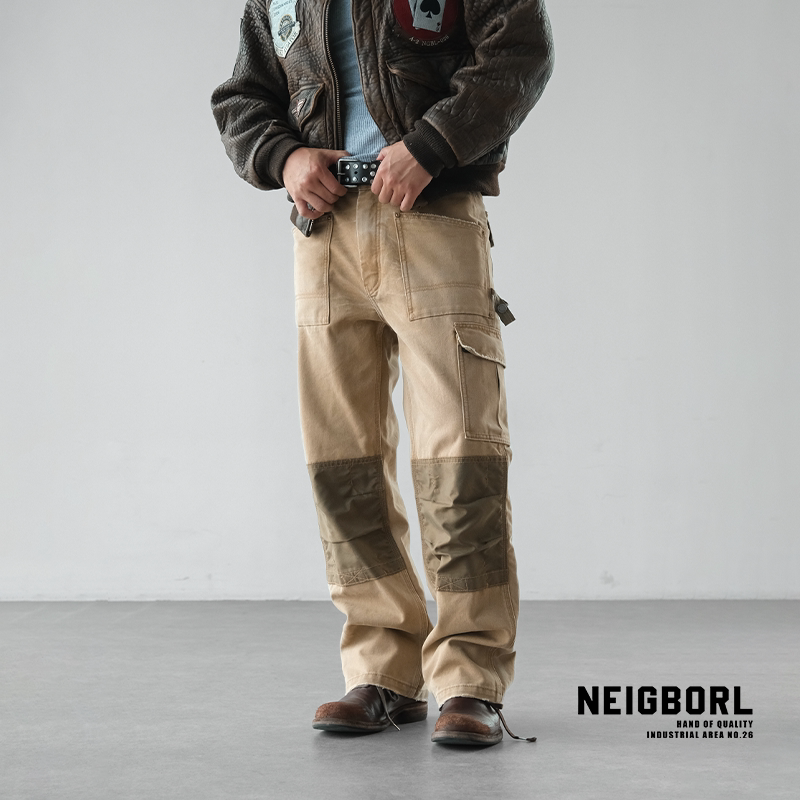 【巨人之旅】NEIGBORL钊叔制美式复古做旧纯棉贴布拼接直筒工装裤
