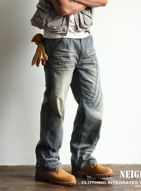 【龙爪】NEIGBORL钊叔制潮流复古做旧420g重磅磨破水洗百搭工装裤