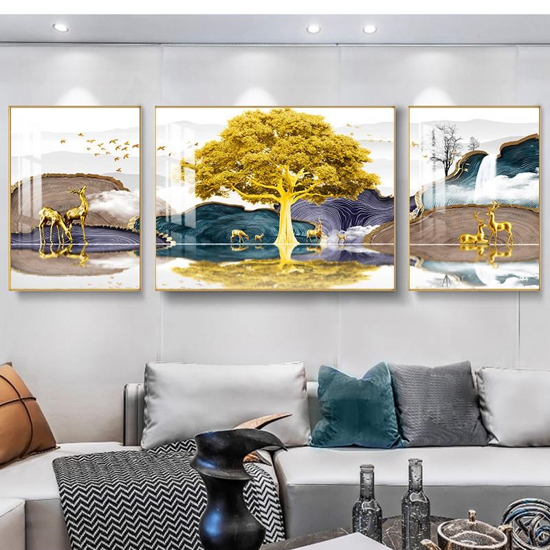 现代简约沙发背景墙装饰画发财树三联画轻奢客U厅免打孔晶瓷画图片