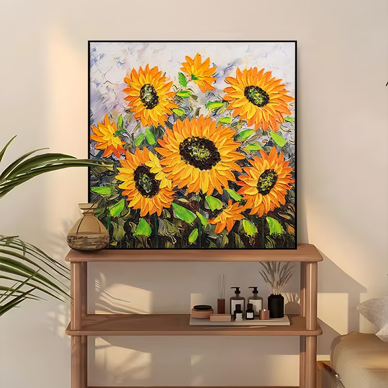 花卉手工油画美式客厅方形玄关装饰画现代简约餐N厅挂画向日葵808图片