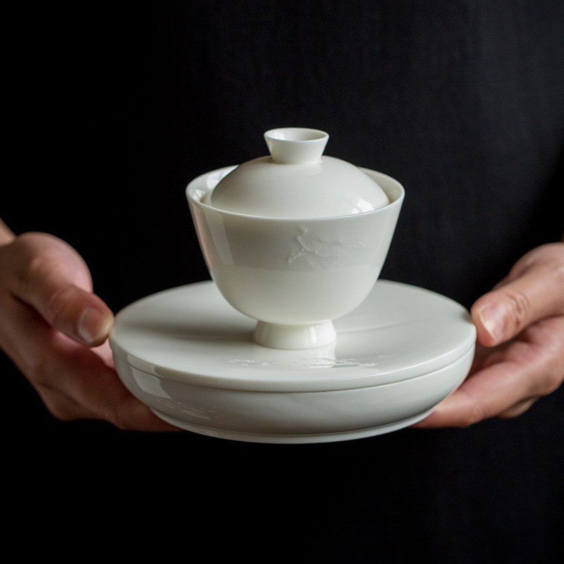 90复古干泡台 台湾敦睦窑明雕竹子德化白瓷壶S承 工夫茶席零配