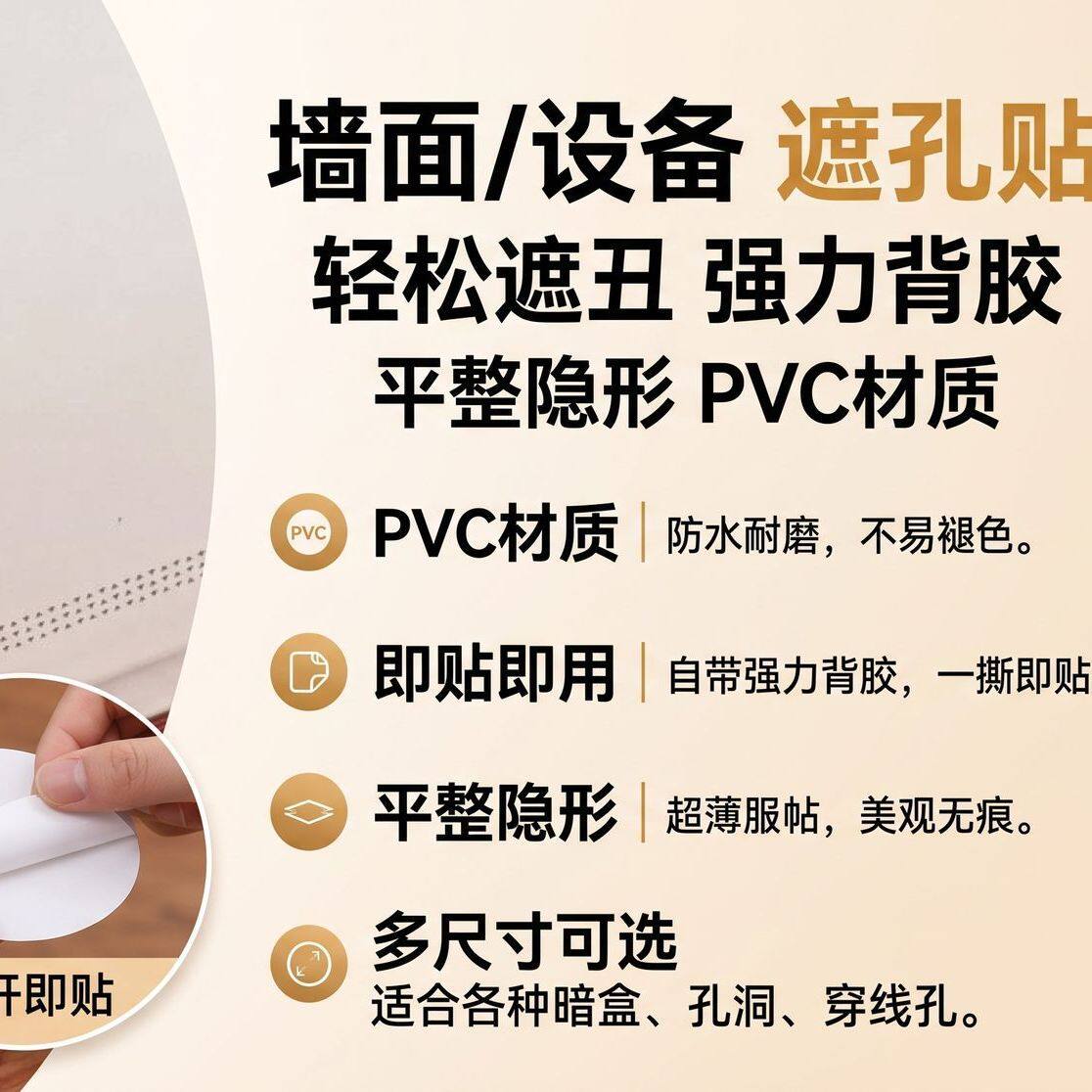 圆形白色墙面堵洞贴 PVC 防水自粘贴纸耐磨墙壁孔洞遮盖修补装饰