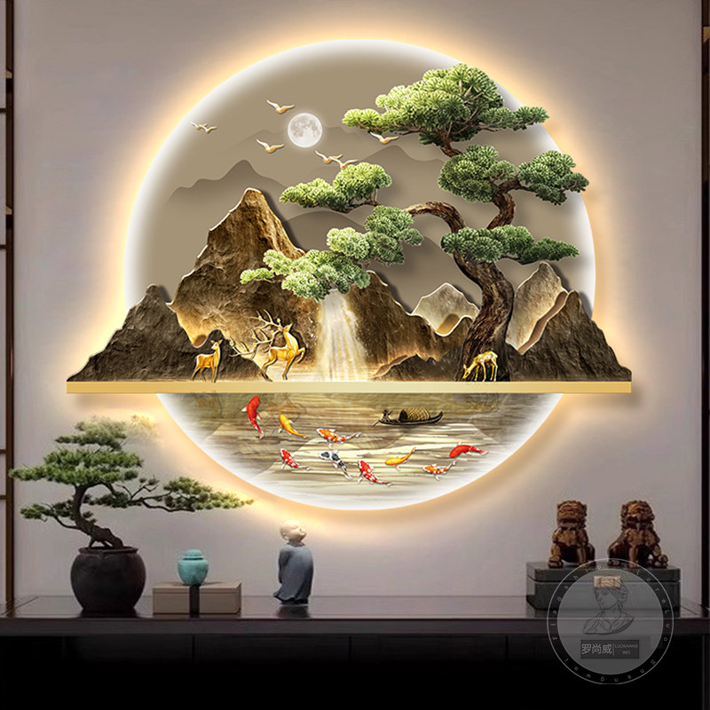 新中式玄关装饰画入户正对门山水画带灯走廊过道挂画迎客松壁画