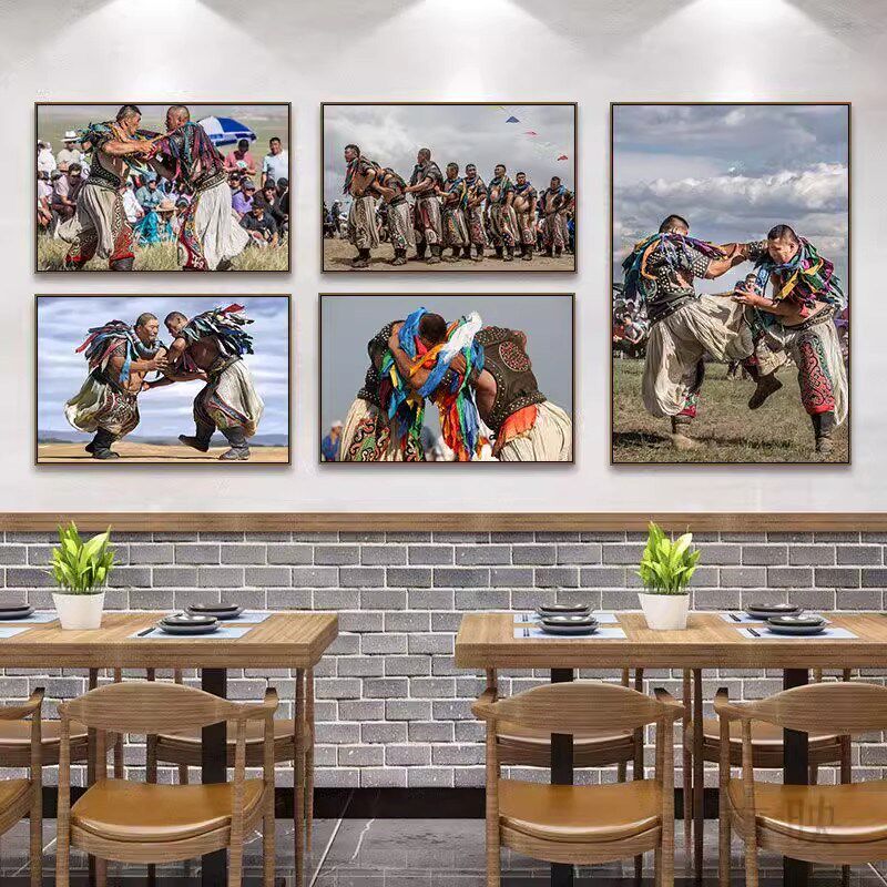 内蒙古装饰画蒙古摔跤特色文化挂C画蒙古包民族风情羊肉火锅店壁