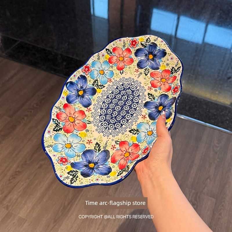 让珍馐端上餐桌手p绘波兰釉下彩超大盘子椭圆盘鱼盘西餐盘菜,餐饮具,盘,淘宝优惠券,粉丝福利购,淘宝优惠卷