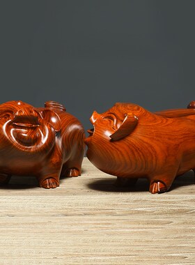 花梨木雕猪摆件一对实木十二生肖猪家居客厅装Q饰红木猪雕刻工艺