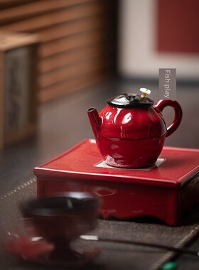 玉溪中国红色陶瓷手持茶壶紫禁城红色中国E风格家居覆古女士茶壶