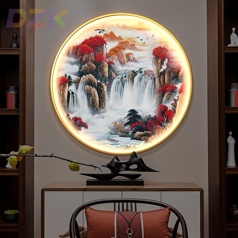 新中式山水画客h厅挂画入户玄关圆形LED灯装饰画鸿运当头书房餐。